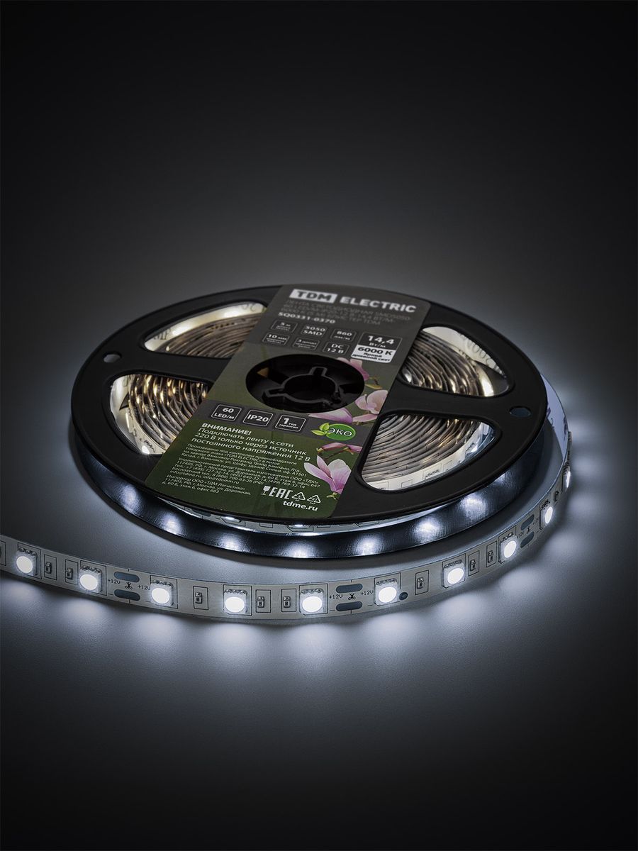 Лента светодиодная SMD5050-60 LED/м-IP20-12 В-14,4 Вт/м-6000 К SQ0331-0370