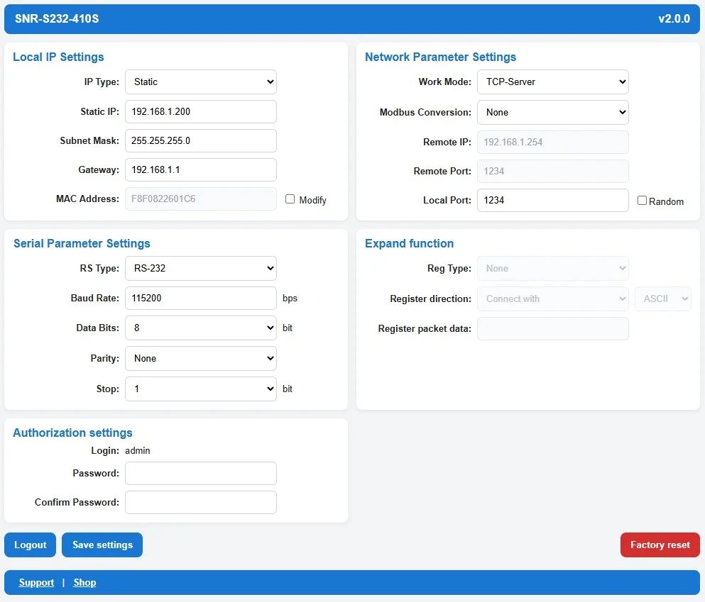 Конвертер интерфейсов SNR-Eth-RS485-RS232-S
