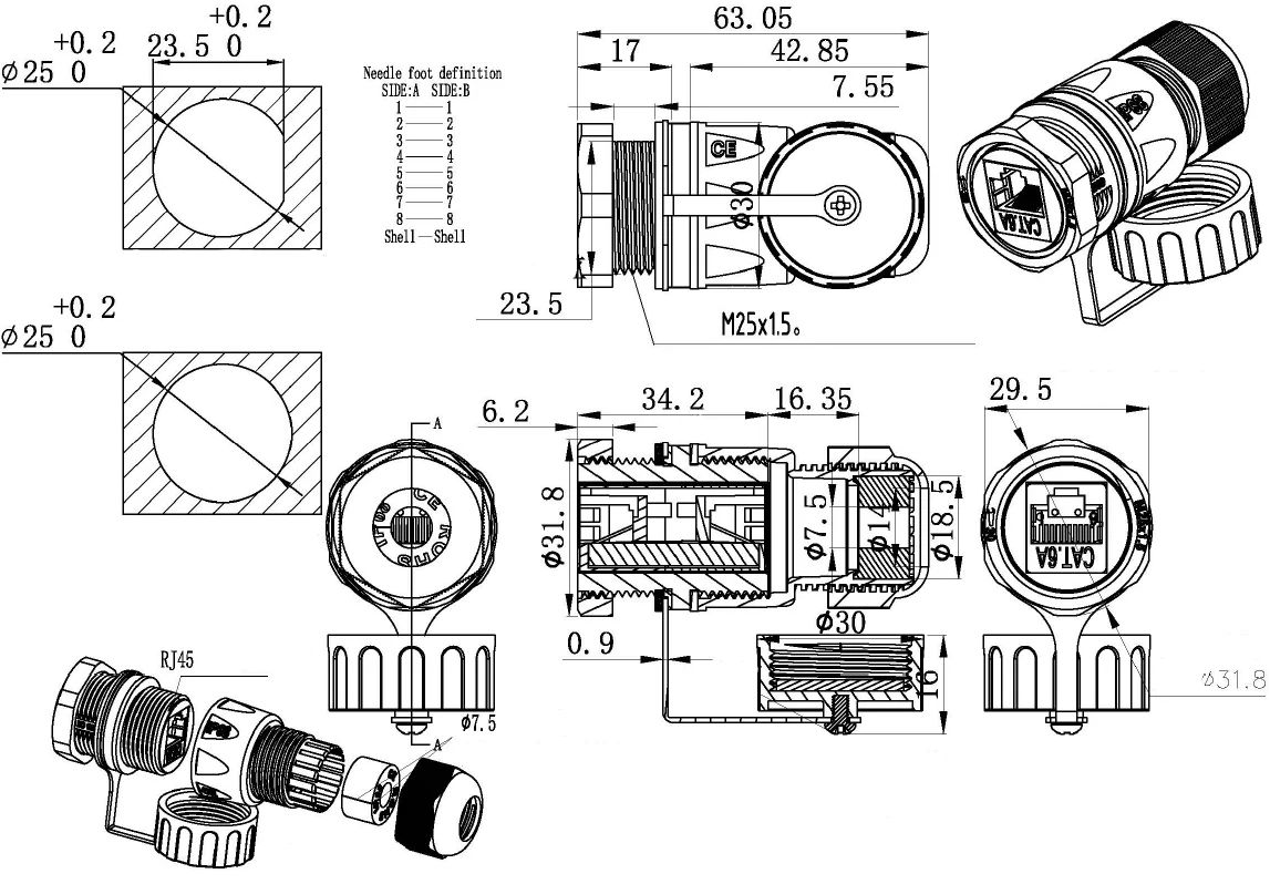 Коннектор  SNR-M25-T-A/F-1-F-8P-CAT.6-U/D